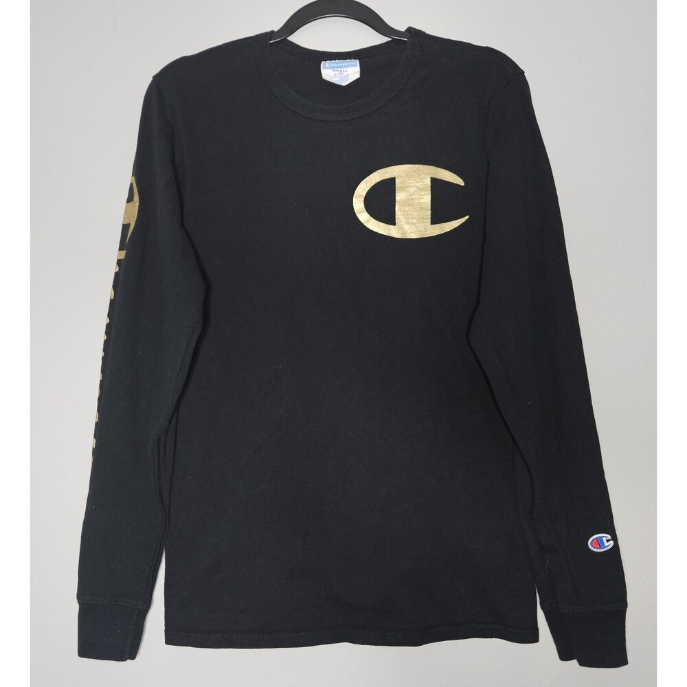 VTG Champion Heritage Long Sleeve Shirt Size Small Black & Gold Logo Crew Neck